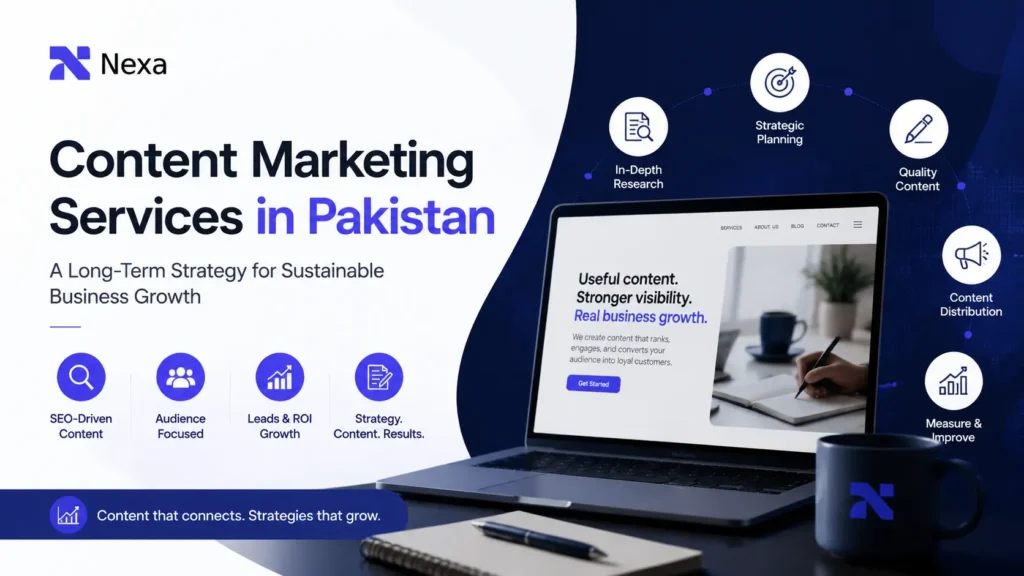 Content Marketing Services in Pakistan banner showing SEO strategy, content growth, and digital marketing solutions.