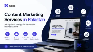 Content Marketing Services in Pakistan banner showing SEO strategy, content growth, and digital marketing solutions.
