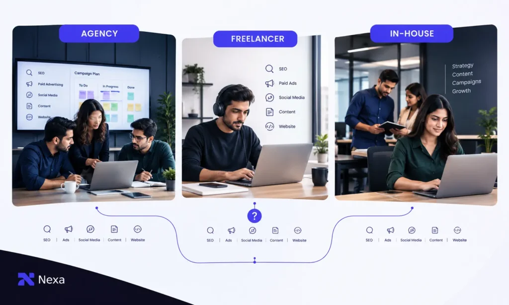 Comparison of a digital marketing agency vs freelancer and an in-house marketing team