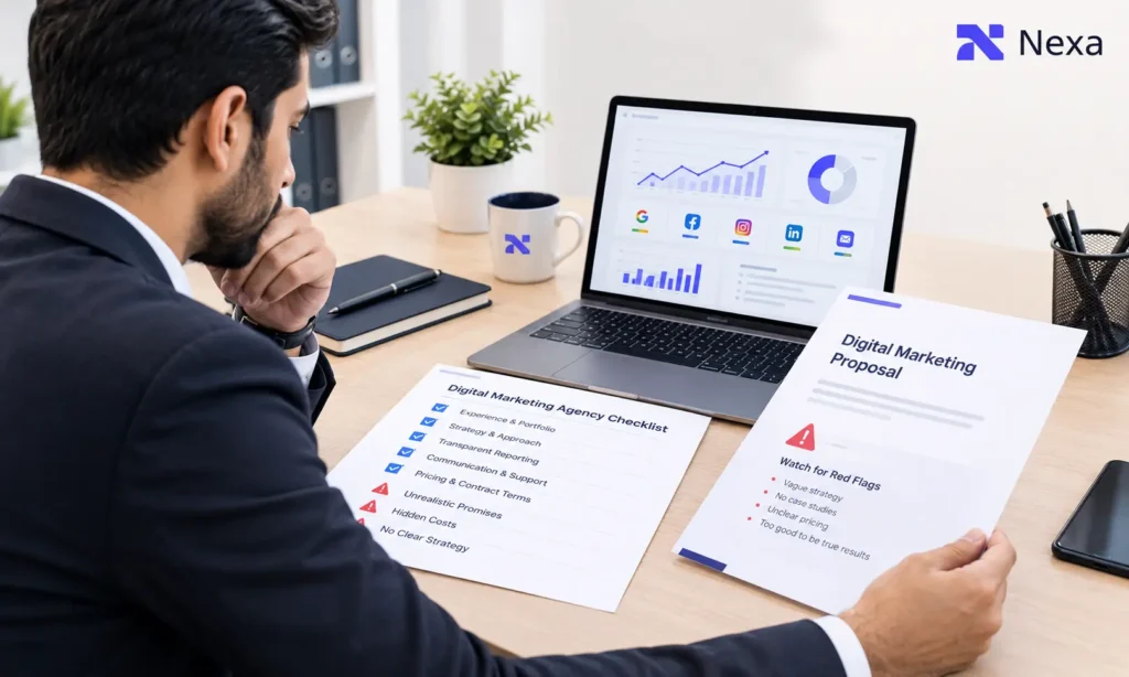 Checklist for choosing a digital marketing agency, covering services, pricing, reporting, and red flags.